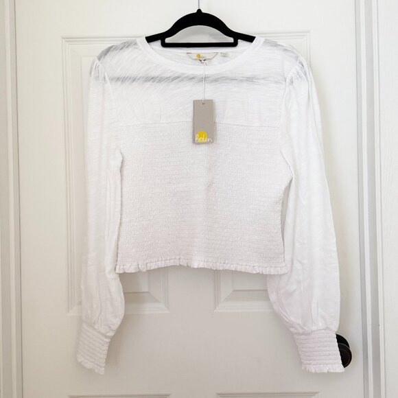 Boden Womens White Smocked Bodice Cotton Puff Sleeve Cropped Top Size Large - Picture 2 of 8